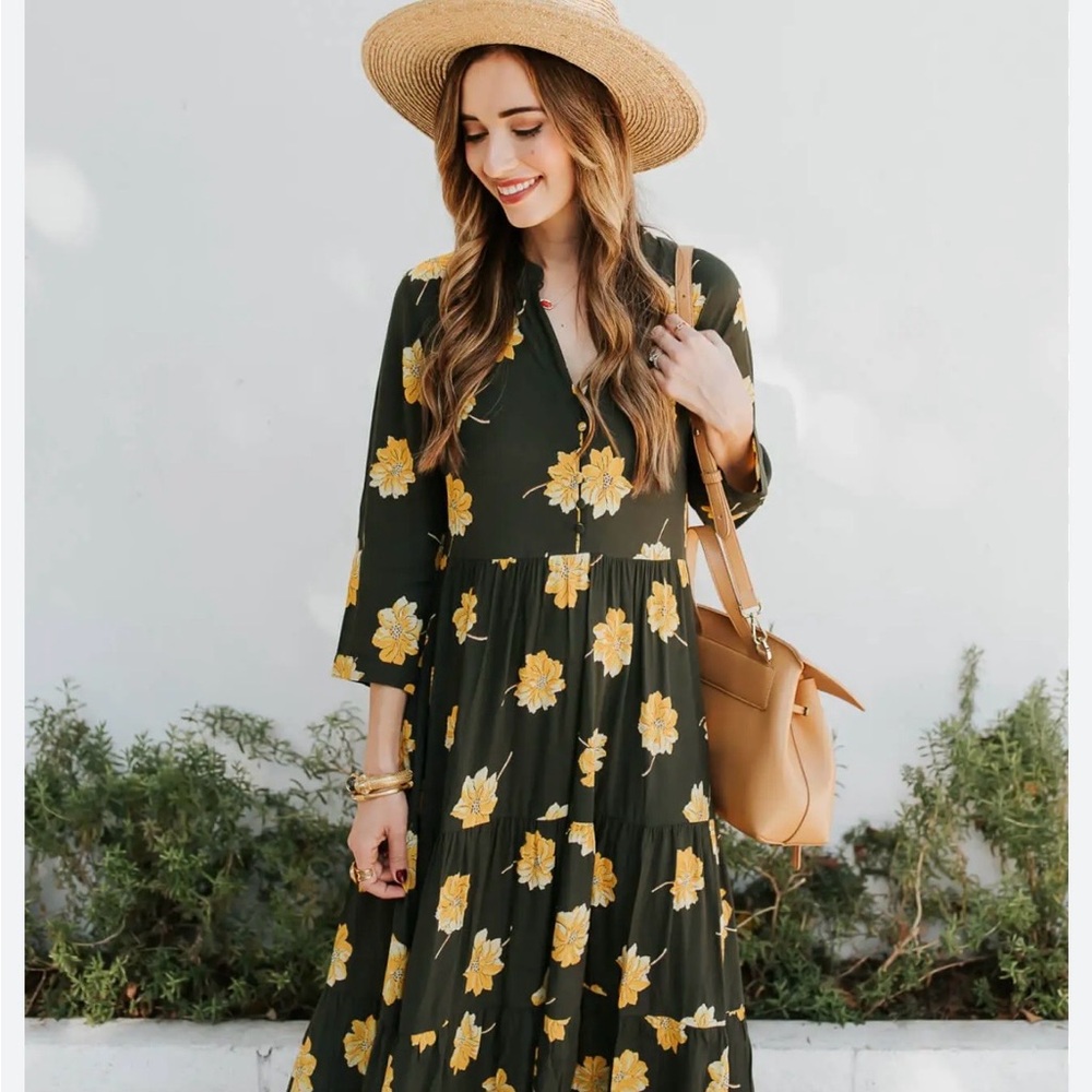 Madewell Button-Front Tier Dress in the Fall Flowers print and olive green. S. - Picture 2 of 6